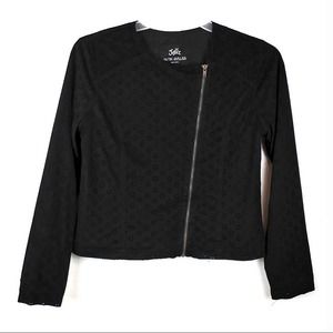Girls JUSTICE Eyelet Microfiber Long Sleeve Zip Motto Jacket,Black,Size 16/18/XL